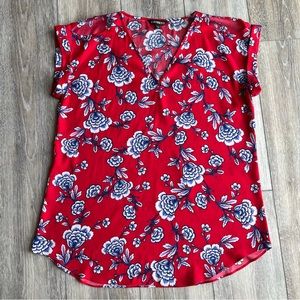 Express Red Blue Floral Cold Shoulder Top Blouse Shirt Size Large
